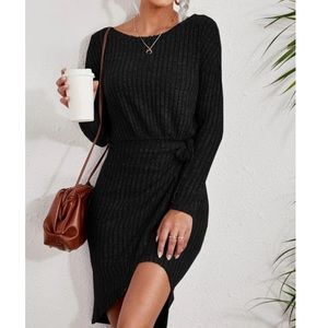 Black ribbed knit wrap tie side long sleeve dress